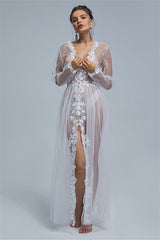 A-line V-neck Tulle Floor-length Long Sleeve Appliques Lace Wedding Dress Cover-stylesnuggle