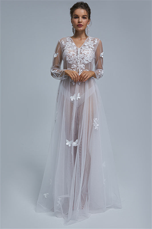 A-line V-neck Tulle Floor-length Long Sleeve Appliques Lace Wedding Dress Cover-stylesnuggle