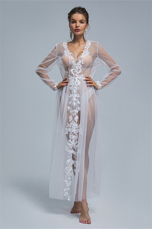 A-line V-neck Tulle Floor-length Long Sleeve Appliques Lace Wedding Dress Cover-stylesnuggle