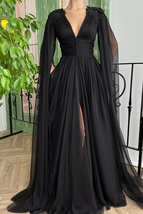 A-line V-neck Tulle Floor-length Long Sleeve Split Front Appliques Lace Vintage Prom Dress-stylesnuggle