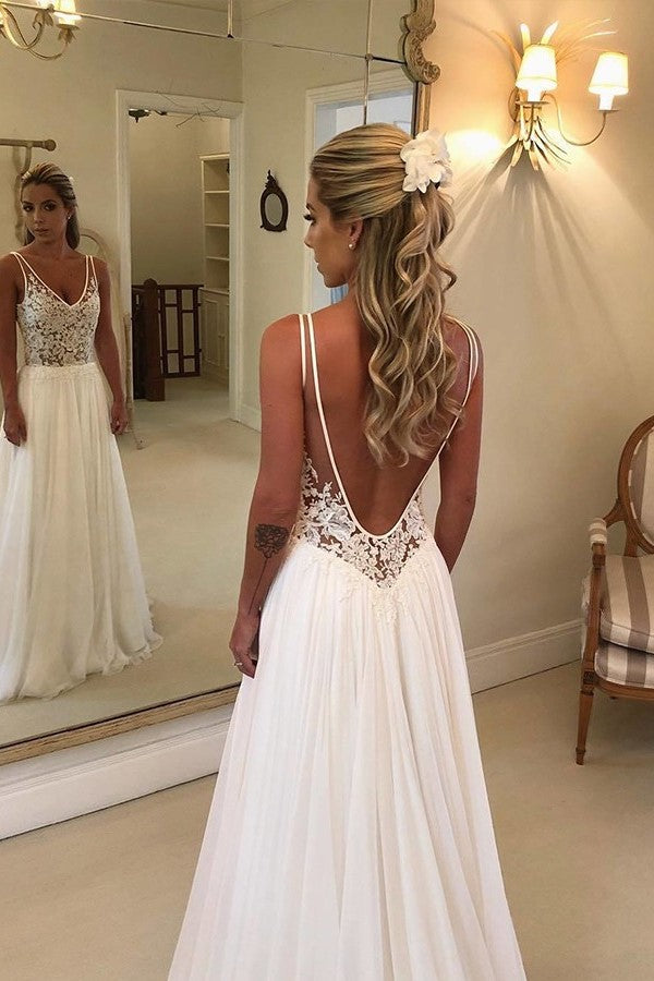 A-line V-neck Wide Strap Floor Length Backless Applique Wedding Dress-stylesnuggle