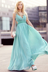 A-line V-neck Wide Straps Sleeveless Floor Length Backless Chiffon Evening Dress-stylesnuggle