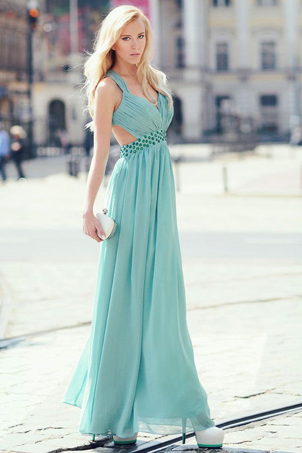 A-line V-neck Wide Straps Sleeveless Floor Length Backless Chiffon Evening Dress-stylesnuggle