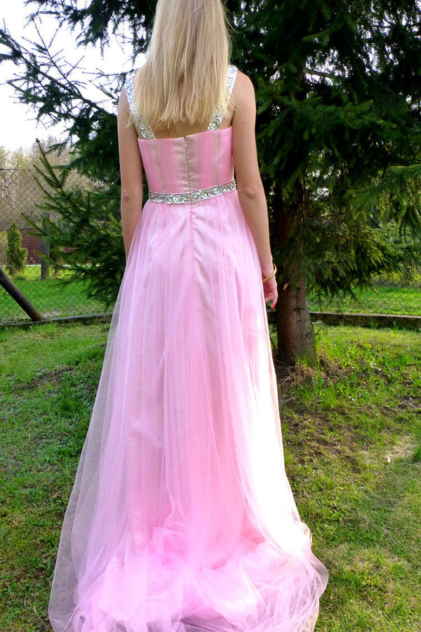 A-line Wide Strap Floor Length Chrmuse Tulle Rhinestone Prom Dress-stylesnuggle