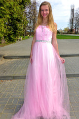 A-line Wide Strap Floor Length Chrmuse Tulle Rhinestone Prom Dress-stylesnuggle