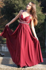 A-line Wide Strap V-neck Floor Length Chiffon Rhinestone Prom Dress-stylesnuggle