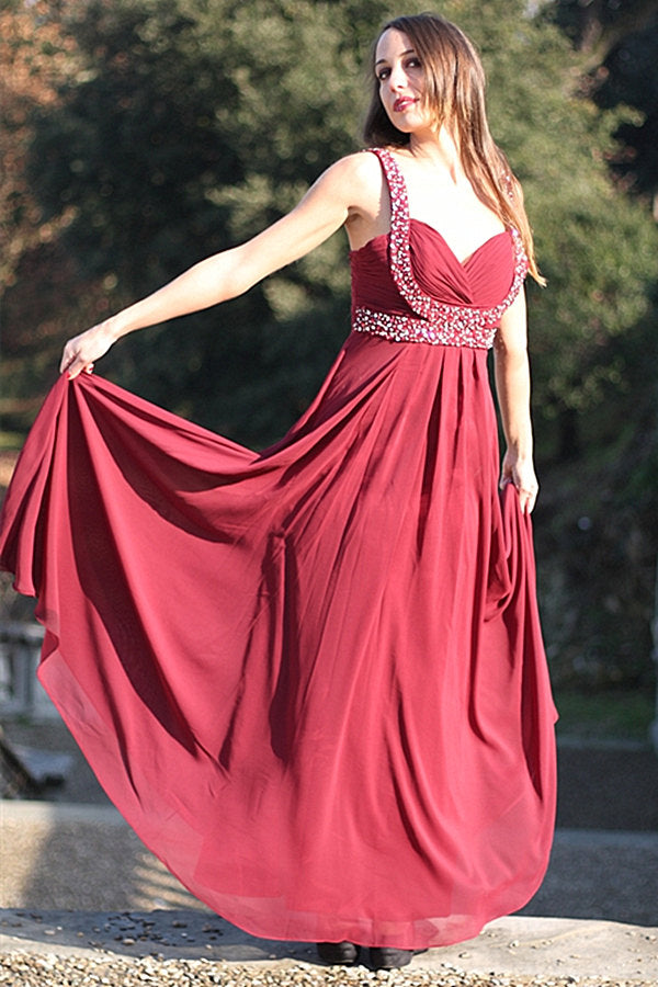 A-line Wide Strap V-neck Floor Length Chiffon Rhinestone Prom Dress-stylesnuggle