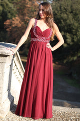 A-line Wide Strap V-neck Floor Length Chiffon Rhinestone Prom Dress-stylesnuggle