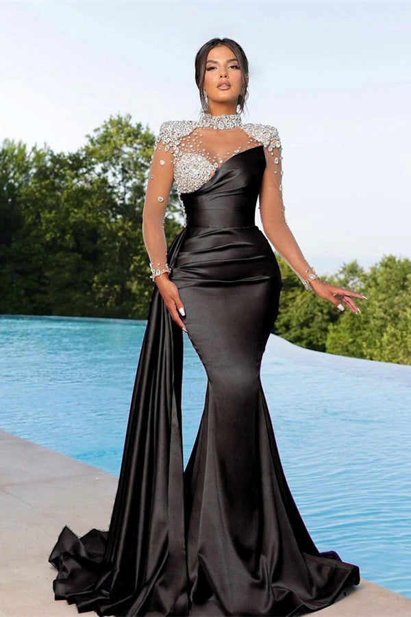 Black Long Sleeves High Neck Prom Dress Mermaid With Crystals