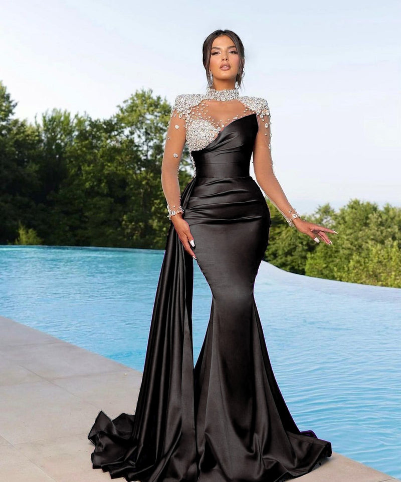 Black Long Sleeves High Neck Prom Dress Mermaid With Crystals