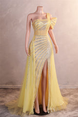 One-Shoulder Beading Sweep Train Backless Evening Dress