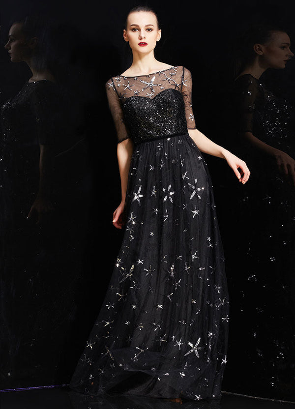 Bateau Neck Illusion Sweetheart Sequin Star Half Sleeves Tulle evening dress