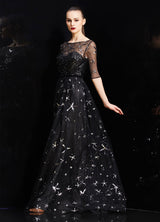 Bateau Neck Illusion Sweetheart Sequin Star Half Sleeves Tulle evening dress