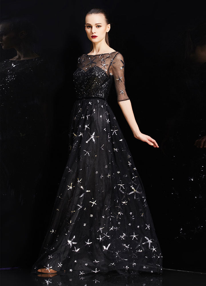 Bateau Neck Illusion Sweetheart Sequin Star Half Sleeves Tulle evening dress