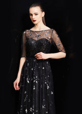 Bateau Neck Illusion Sweetheart Sequin Star Half Sleeves Tulle evening dress