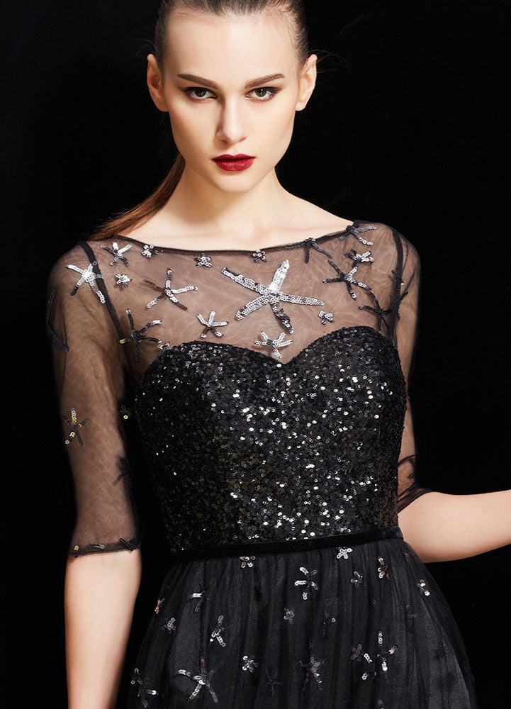 Bateau Neck Illusion Sweetheart Sequin Star Half Sleeves Tulle evening dress