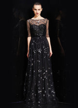 Bateau Neck Illusion Sweetheart Sequin Star Half Sleeves Tulle evening dress