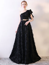 Black Evening Dress One Shoulder evening dress Long Lace Ruffles Floor Length Formal Dress With Sash