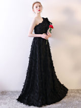 Black Evening Dress One Shoulder evening dress Long Lace Ruffles Floor Length Formal Dress With Sash