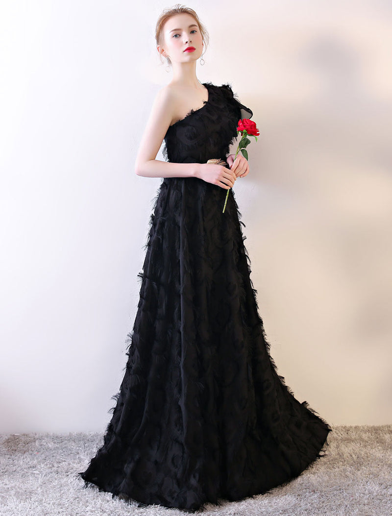 Black Evening Dress One Shoulder evening dress Long Lace Ruffles Floor Length Formal Dress With Sash