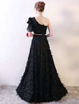 Black Evening Dress One Shoulder evening dress Long Lace Ruffles Floor Length Formal Dress With Sash