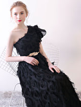 Black Evening Dress One Shoulder evening dress Long Lace Ruffles Floor Length Formal Dress With Sash