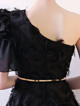 Black Evening Dress One Shoulder evening dress Long Lace Ruffles Floor Length Formal Dress With Sash