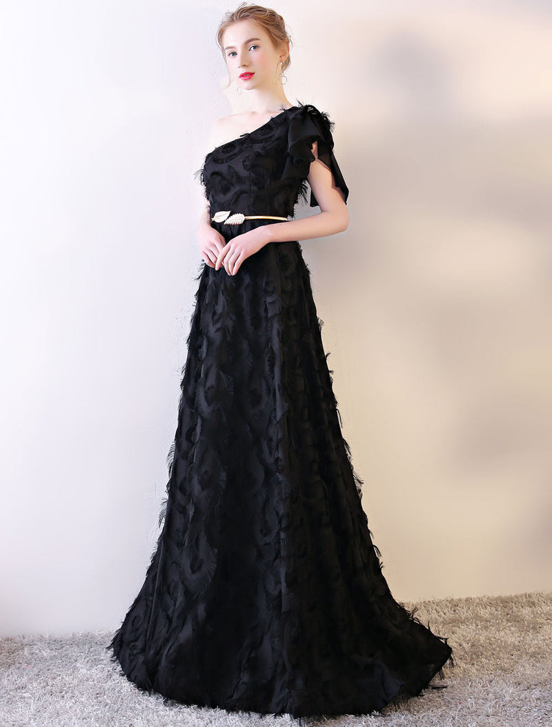 Black Evening Dress One Shoulder evening dress Long Lace Ruffles Floor Length Formal Dress With Sash