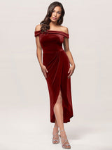 Burgundy Evening Dress Sheath Bateau Neck Tea-Length Zipper Pleated Velour Formal Dinner Dresses