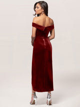 Burgundy Evening Dress Sheath Bateau Neck Tea-Length Zipper Pleated Velour Formal Dinner Dresses