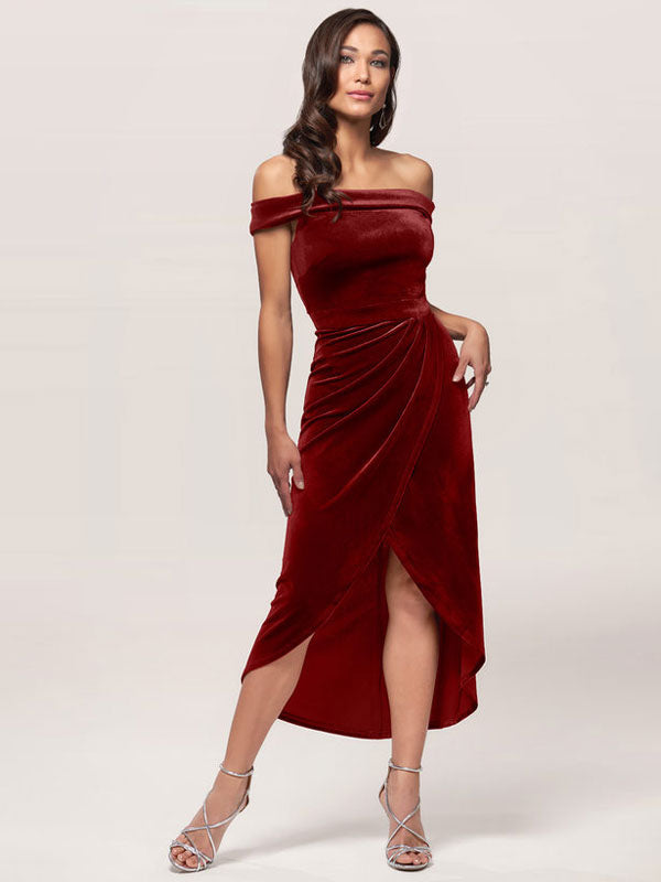 Burgundy Evening Dress Sheath Bateau Neck Tea-Length Zipper Pleated Velour Formal Dinner Dresses