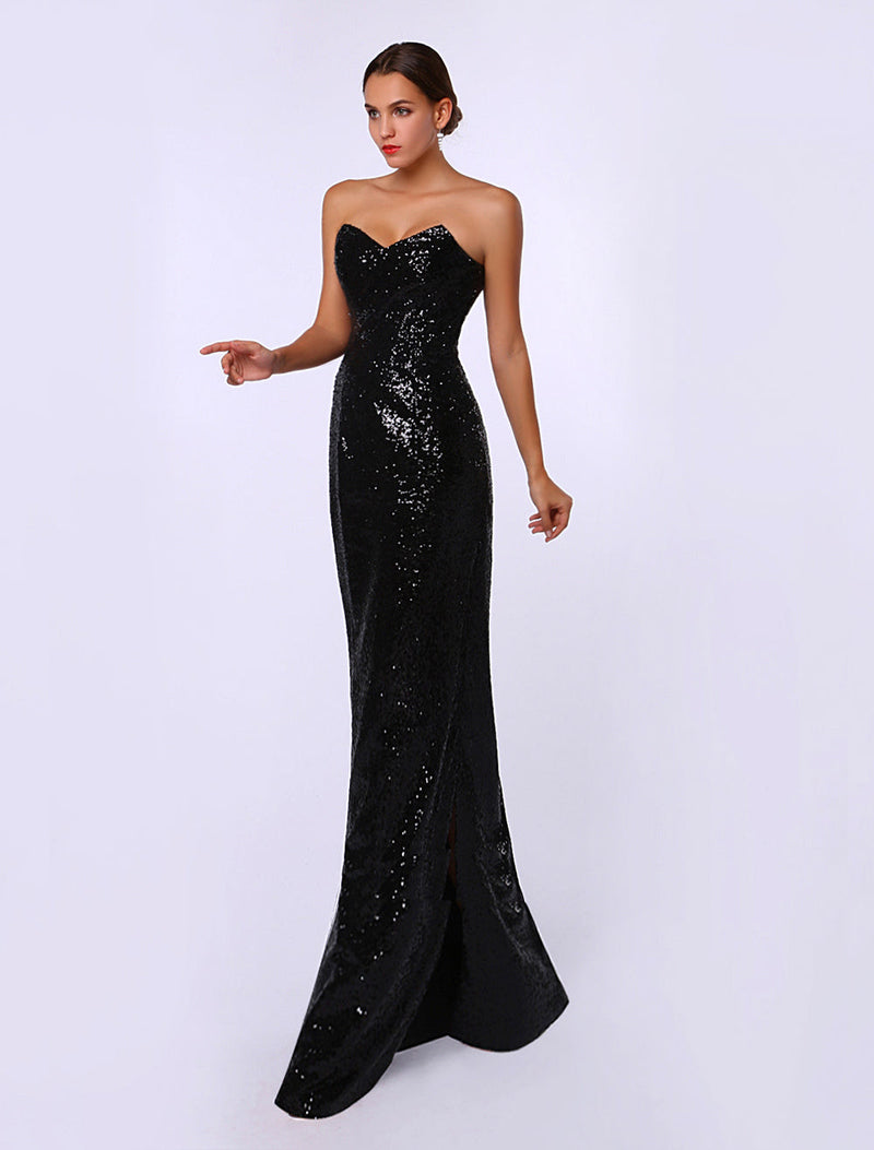 Celebrity Dresses Sheath Black Sequined Sweetheart Neck Evening Dress Inspired By Rosario Dawson At Oscar