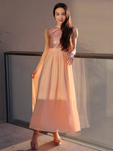 A-Line Charming Chiffon Sequin Scoop Sleeveless Ankle-Length Junior/Girls Bridesmaid Dresses