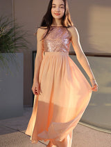 A-Line Charming Chiffon Sequin Scoop Sleeveless Ankle-Length Junior/Girls Bridesmaid Dresses