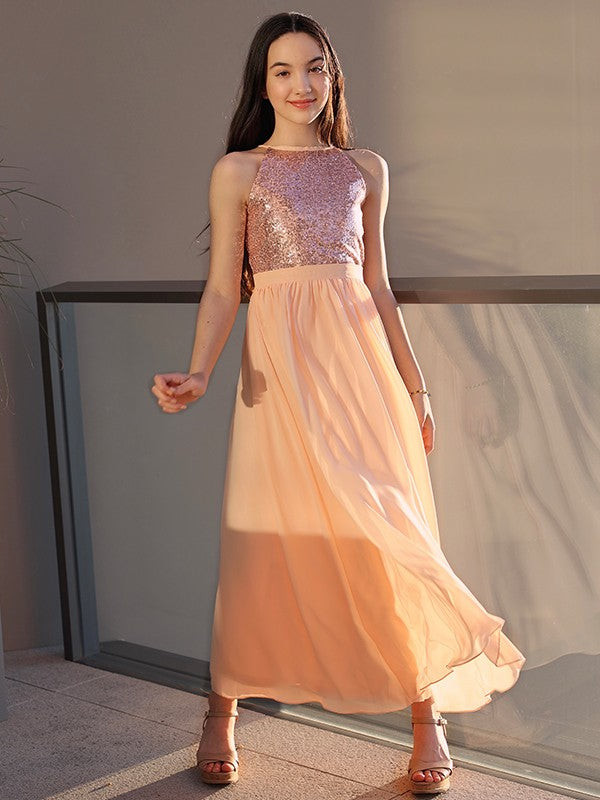 Amazing Chiffon Sequin Scoop Sleeveless Ankle-Length Junior/Girls Bridesmaid Dresses