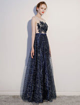 Dark Navy Evening Dresses Lace Sequin Illusion Sleeveless Floor Length Evening Dress