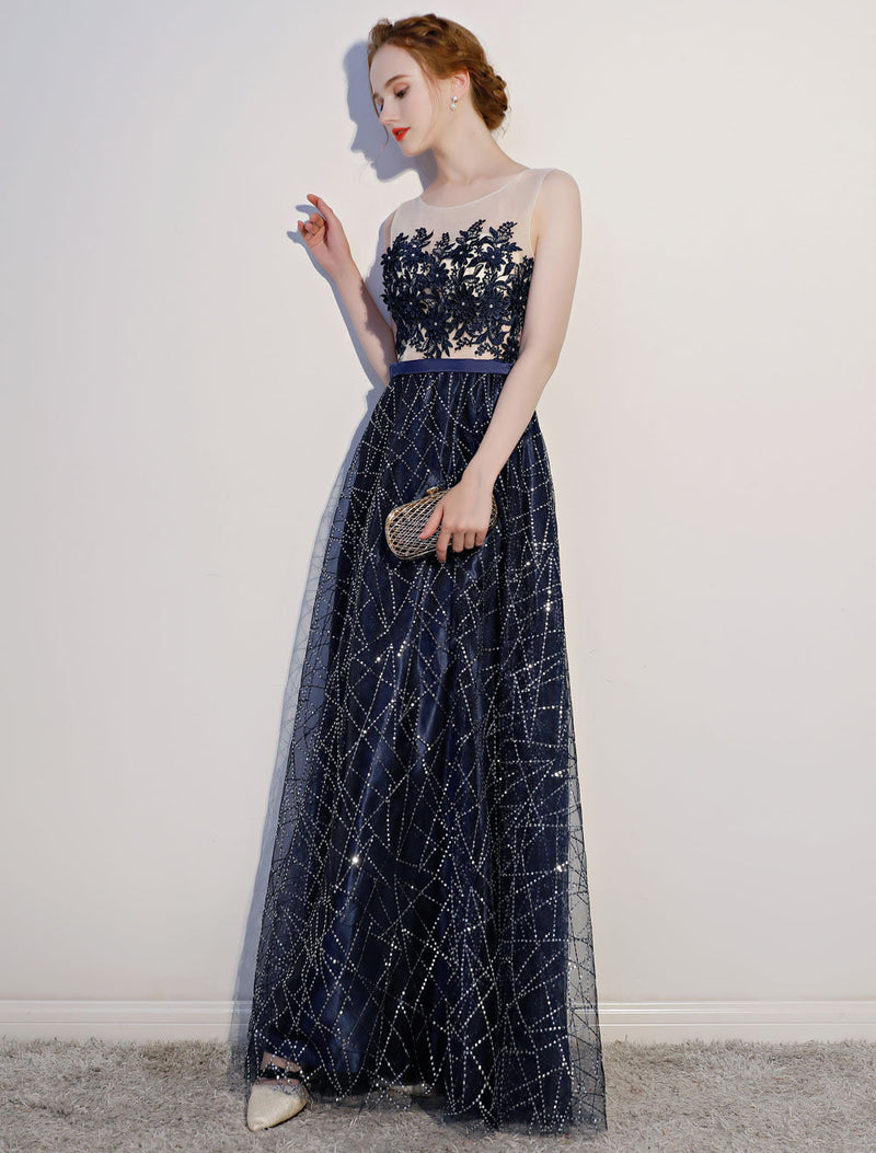 Dark Navy Evening Dresses Lace Sequin Illusion Sleeveless Floor Length Evening Dress