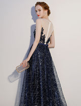 Dark Navy Evening Dresses Lace Sequin Illusion Sleeveless Floor Length Evening Dress