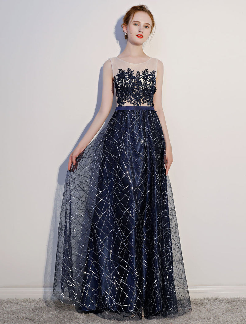 Dark Navy Evening Dresses Lace Sequin Illusion Sleeveless Floor Length Evening Dress