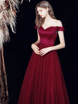 Evening Dress A-Line Bateau Neck Satin Fabric Floor-Length Formal Dinner Dresses Burgundy Pageant Dress