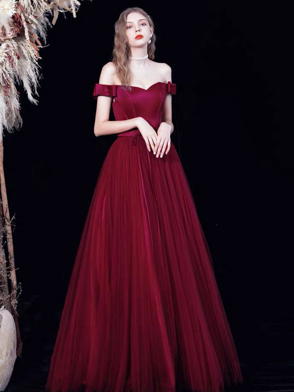 Evening Dress A-Line Bateau Neck Satin Fabric Floor-Length Formal Dinner Dresses Burgundy Pageant Dress