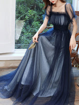 Evening Dress A-Line Square Neck Floor-Length Short Sleeves Zipper Pleated Tulle Formal Dinner Dresses Pageant Dress