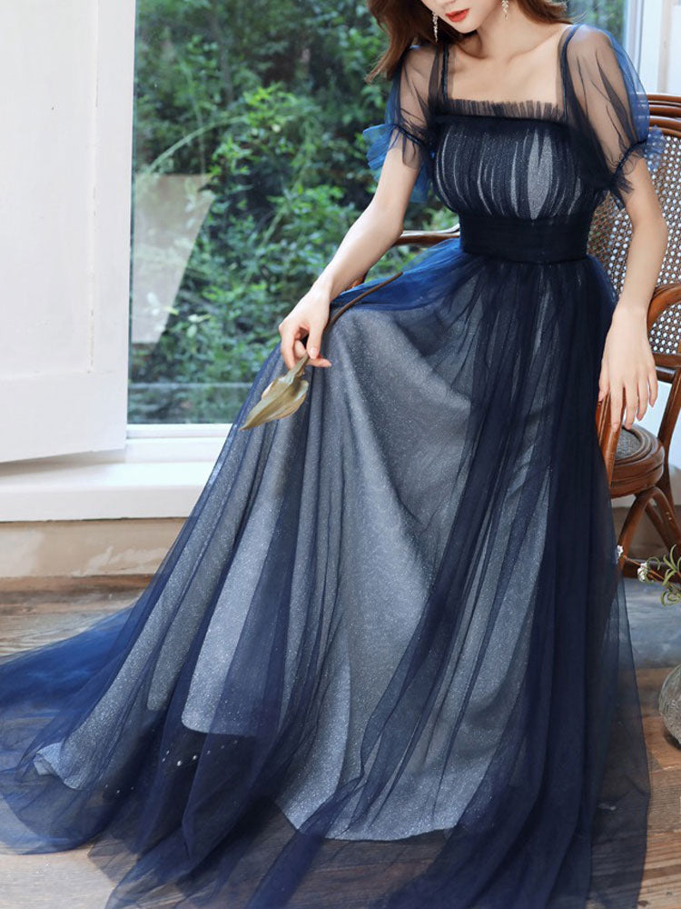 Evening Dress A-Line Square Neck Floor-Length Short Sleeves Zipper Pleated Tulle Formal Dinner Dresses Pageant Dress