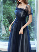 Evening Dress A-Line Square Neck Floor-Length Short Sleeves Zipper Pleated Tulle Formal Dinner Dresses Pageant Dress