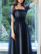 Evening Dress A-Line Square Neck Floor-Length Short Sleeves Zipper Pleated Tulle Formal Dinner Dresses Pageant Dress