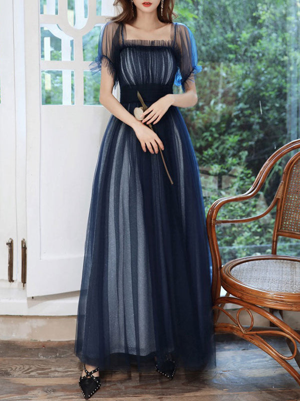 Evening Dress A-Line Square Neck Floor-Length Short Sleeves Zipper Pleated Tulle Formal Dinner Dresses Pageant Dress