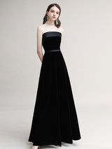 Evening Dress A-Line Strapless Velour Floor-Length Sash evening dress