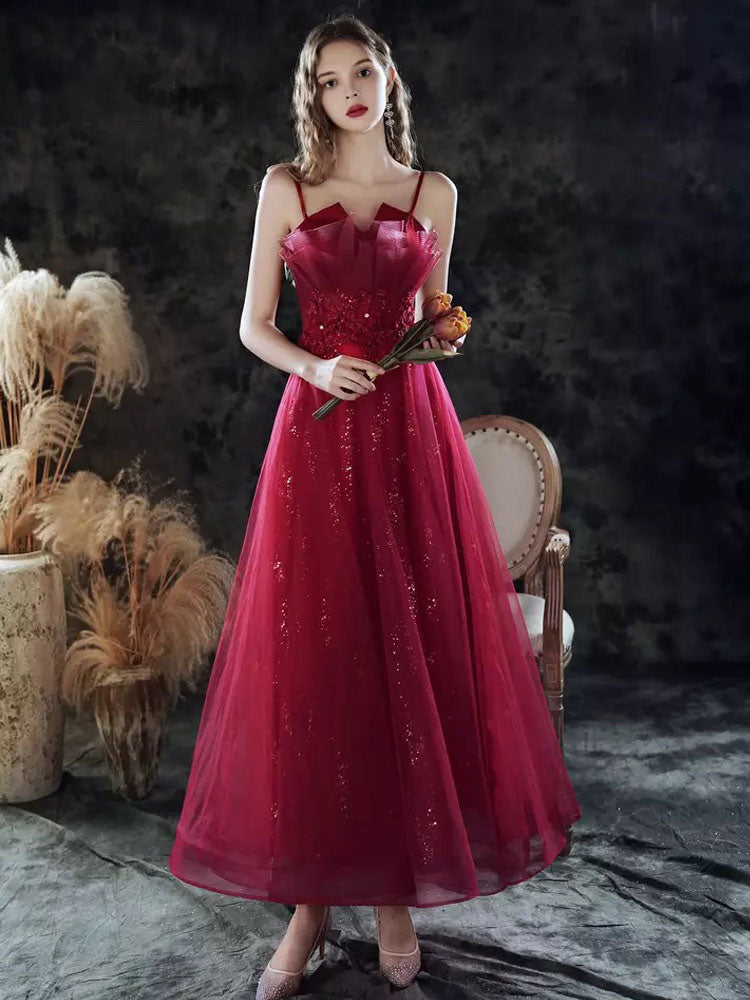 Evening Dress A-Line Sweetheart Neck Lace Floor-Length Sleeveless Party Dresses Burgundy Pageant Dress