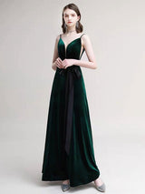 Evening Dress A Line V Neck Velour Floor Length Sash Social Pageant Dresses