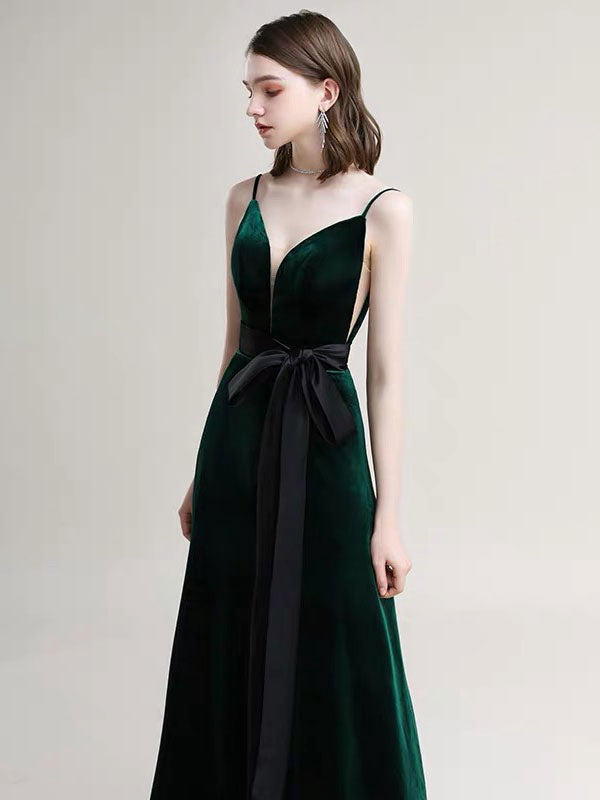 Evening Dress A Line V Neck Velour Floor Length Sash Social Pageant Dresses